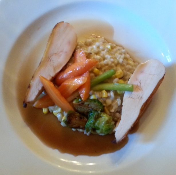 Roasted Chicken Breast-Toasted barley & sweet onion ragout, seared Brussel sprouts, natural jus