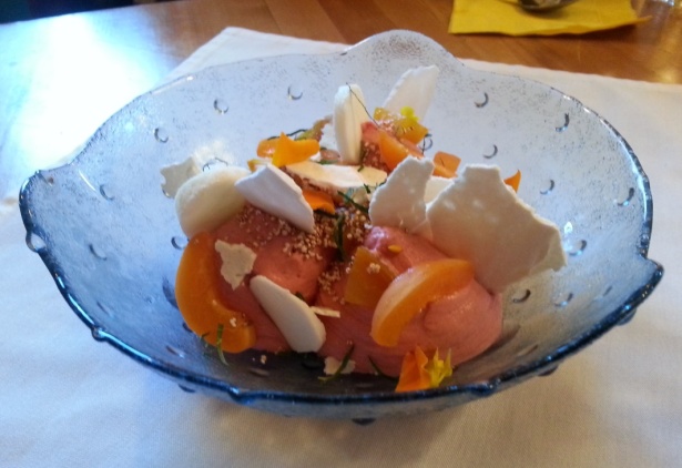 Beet Root Mousse - Apricot, meringue and toasted sesame seeds